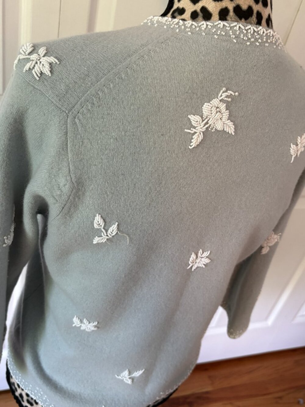 VTG 50s Lambswool Angora Beaded Cardigan Pearl Button Harilela's Coquette - Picture 2 of 10